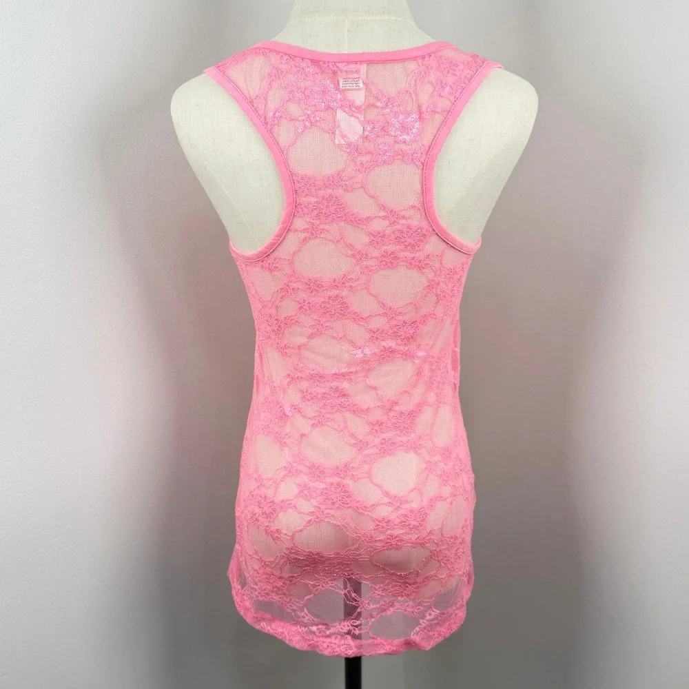 Bozzolo Women Lge Tank Top Pink Floral Lace Long Sheer Racerback Y2K Barbiecore - Picture 4 of 8